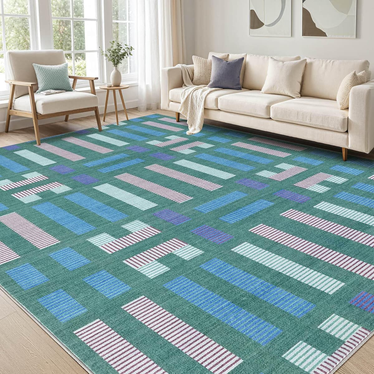cotiled 5x7 Area Rug Living Room: Washable Boho Rugs with Non Slip Backing Large Soft Indoor Stain Resistant Carpet for Bedroom Farmhouse Dining Room Lightweight Home Decor Green - 61% off
