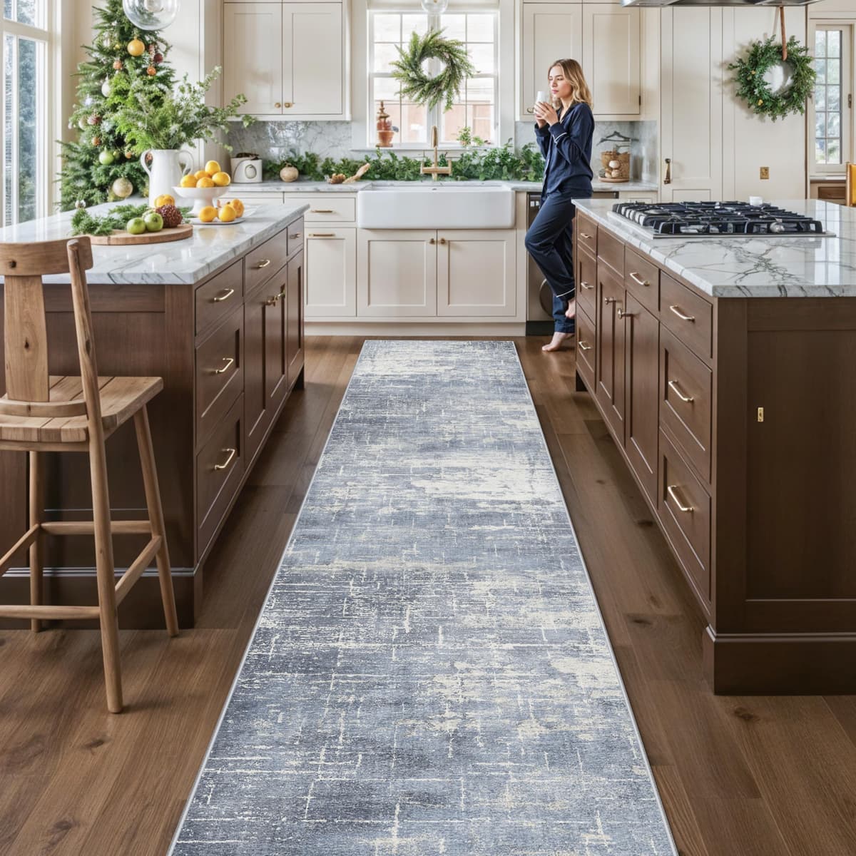 Washable Abstract 14ft Runner Rug: Non-Slip Low-Pile Rug Runner Soft Beside Carpet Indoor Farmhouse Entryway Floor Mat Bathroom Living Room Stain Resistant Area Rugs Cozy Home Decor(2'6x14,Blue/ivory) - 53% off