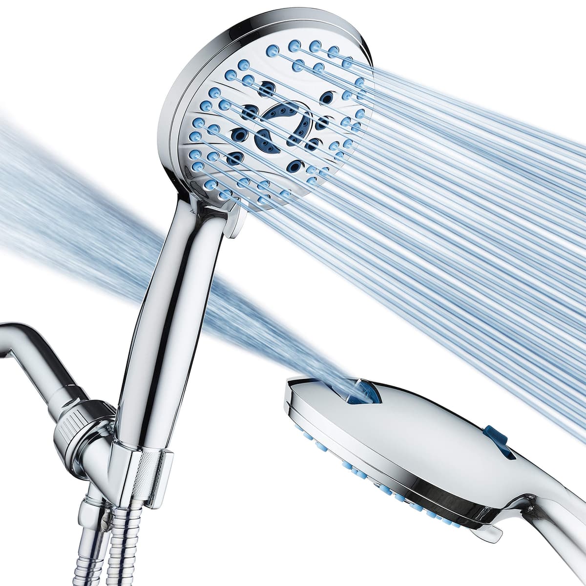 AquaCare High Pressure 8-mode Handheld Shower Head - Anti-clog Nozzles, Built-in Power Wash to Clean Tub, Tile & Pets, Extra Long 6 ft. Stainless Steel Hose, Wall & Overhead Brackets - 60% off