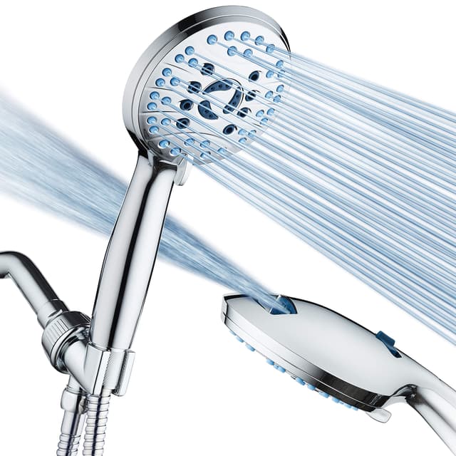AquaCare High Pressure 8-mode Handheld Shower Head - Anti-clog Nozzles, Built-in Power Wash to Clean Tub, Tile & Pets, Extra Long 6 ft. Stainless Steel Hose, Wall & Overhead Brackets - 60% off