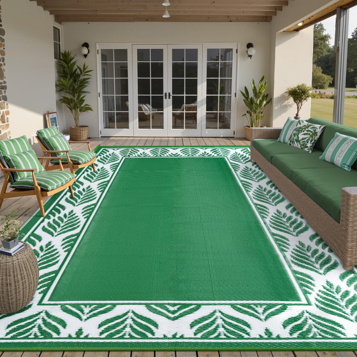 HUGEAR 8x10 Patio Waterproof Outdoor Rug Outrside Camping Carpet RV Area Rug Reversible Green Rugs for Deck Entryance Porch Picnic Balcony Beach - 64% off