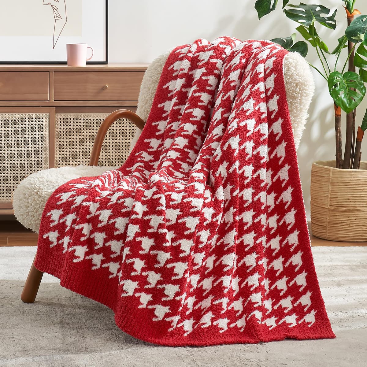 Snuggle Sac Ultra Soft Throw Blanket for Couch, Cozy Knitted Blankets, Fuzzy Knit Throws for Sofa, Bed, Home Decor, Houndstooth Red 50"x60" - 65% off